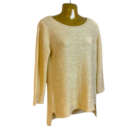 New Anne Klein cream knit lightweight sweater sparkly mini gold sequins M - Picture 4 of 13